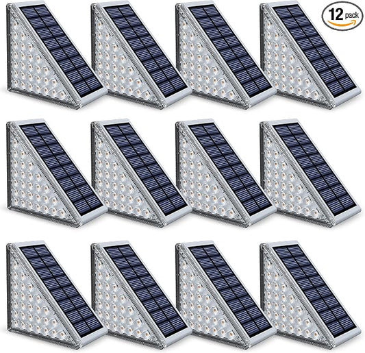 NIORSUN Outdoor Step Lights, Upgraded 28 LEDs 2 Brightness Modes, IP67 Waterproof Solar Stair Lights for Outside Steps, 1200mAh Battery Long Runtime Warm White for Patio Deck Yard Porch, 12 Pack