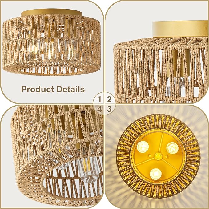 12.6”Rattan Flush Mount Ceiling Light Fixtures, 3-Light Boho Light Fixture Rattan Hand-Woven Chandelier Close to Ceiling Light Fixture for Bedroom Hallway Kitchen Dining Room Nursery(Brown)