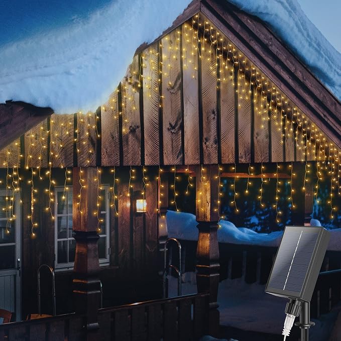300 LED Solar Icicle Lights Outdoor with Remote Control, 33ft 8 Modes Curtain String Lights with 50 Drops, Christmas Holiday Wedding Party Decorations, Warm White