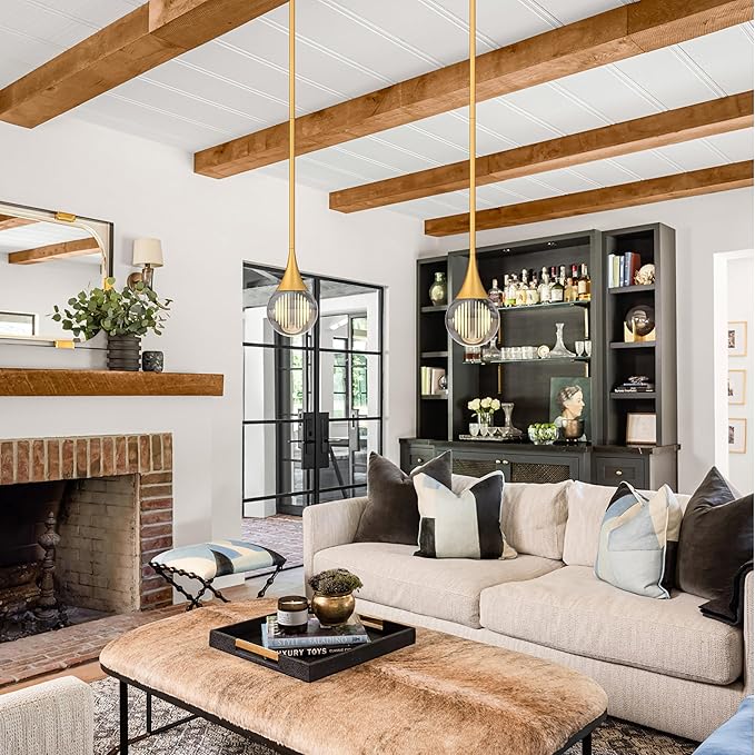 3-Pendant Lights Kitchen Island, Painted Gold Globe Crystal Ceiling Hanging Light Fxitures, LED Light Fixtures Metal Rod Ceiling Glass Pendant Lighting for Kitchen Island Dining Room Bar
