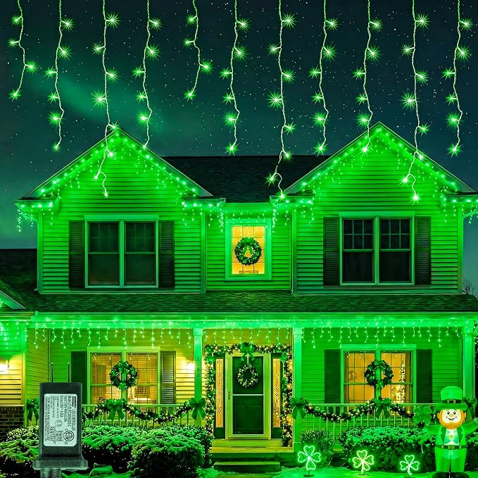 300LED Icicle Lights for Outside,Green Curtain Lights for St Patrick Day,8 Modes with 30V Plug in for Wedding, Party,Bedroom,Home,Garden,Outdoor,Indoor Wall,Christmas Decorations,Connectable