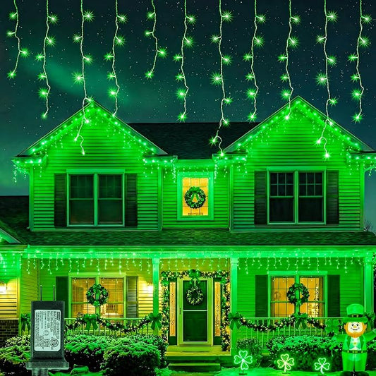 300LED Icicle Lights for Outside,Green Curtain Lights for St Patrick Day,8 Modes with 30V Plug in for Wedding, Party,Bedroom,Home,Garden,Outdoor,Indoor Wall,Christmas Decorations,Connectable