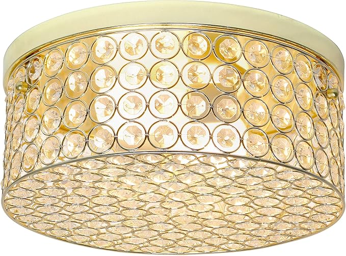 Elegant Designs FM1003-GLD Elipse Crystal 12 Inch Modern Metal 2 Light Round Ceiling Flush Mount Fixture, Gold