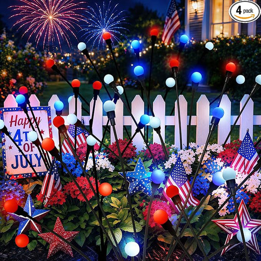 4th of July Outdoor Decorations, Red White Blue Lights Solar Firefly Lights, Patriotic Outdoor Decor for Independence Day, Fourth of July Decor for Garden Yard (4 Pack,Red, White, Blue)