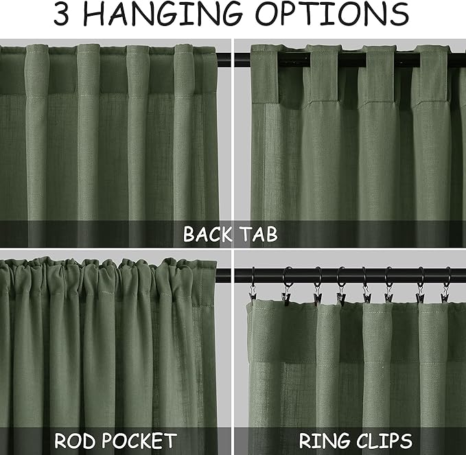 Nanspring Olive Green Linen Curtains for Living Room 2 Panels Set 105 Inch Length Back Tab Light Filtering Semi Sheer Curtain Drapes for Bedroom 52x105