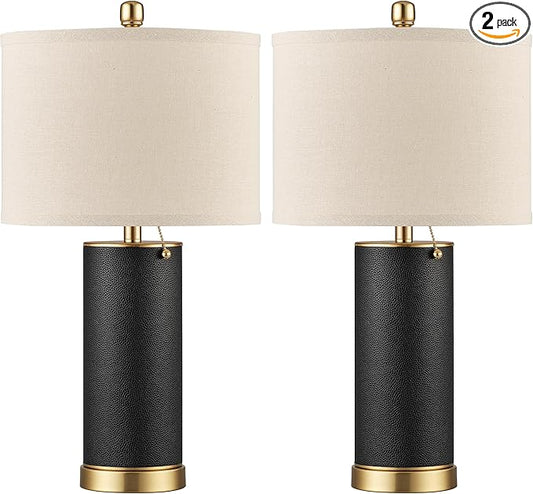 KDG 23.4" Black PU Leather Table Lamps for Living Room Set of 2, E26 Socket LED Modern Home Decor Fabric Lampshade Desk Lamp Lighitng for Bedroom, Bedside, Farmhouse, Nightstand, Night Light