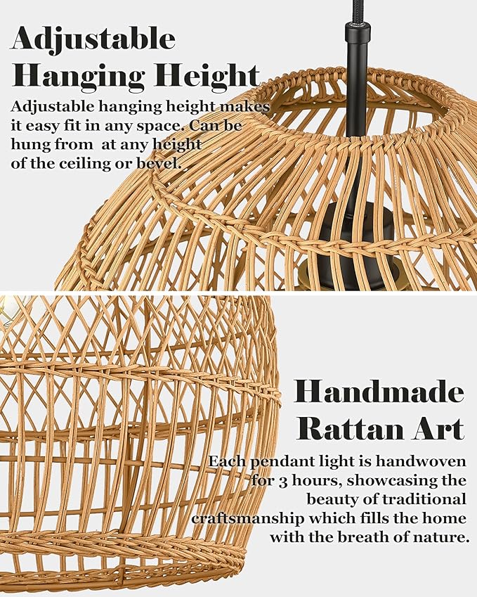 ELYONA 16” Large Boho Rattan Chandelier, Modern Rustic Wicker Pendant Light Fixtures, Basket Hand Woven Hanging Lamp for Coastal Kitchen Island Dining Room Living Room Bedroom Foyer (40cm*40cm)