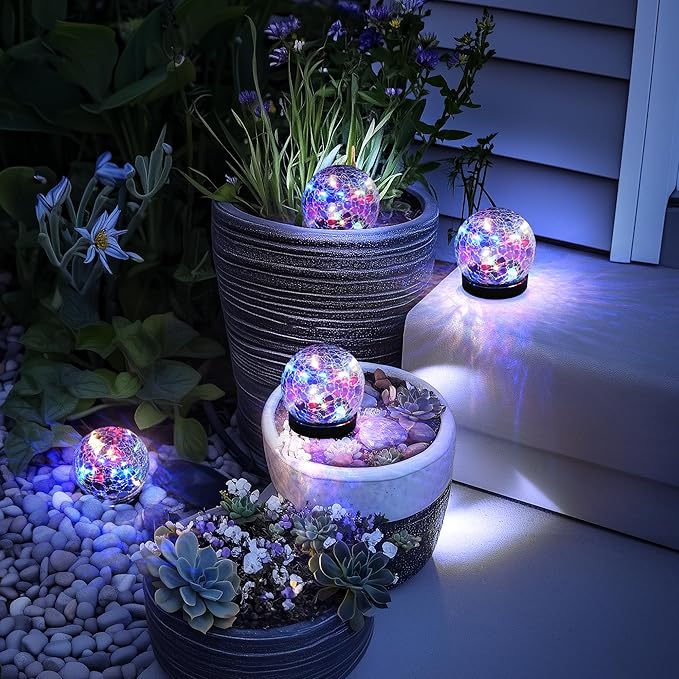 Solar Lights Outdoor for Yard Patio Porch, Garden Decor Birthday Gifts for Mom Women, Solar Globe Lights Waterproof Cracked Glass Ball Outdoor Decorations Balcony Backyard (4 Pack Multicolor)