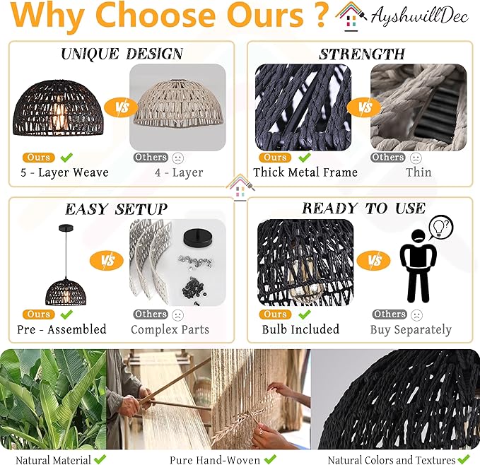 Black Woven Pendant Light Boho Chandelier Light Fixture Wicker Pendant Light Rattan Light Pendant Woven Light Fixture Dome Pendant Light for Dining Room Bedroom Kitchen Island (Bulb Incl)