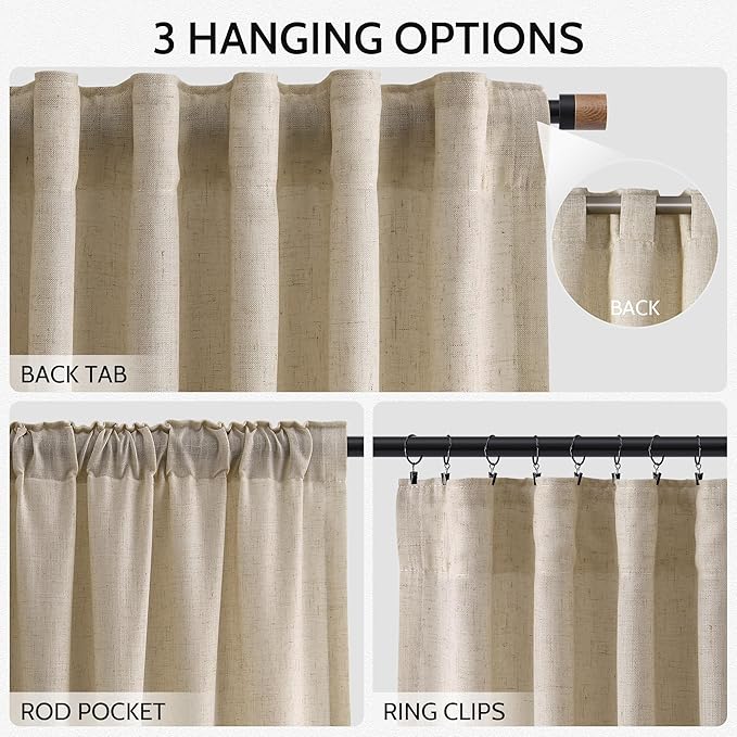 Nanspring Taupe Burlywood Linen Curtains 84 Inch Length for Living Room Rustic Farmhouse Light Filtering Semi Sheer Curtain Back Tab Privacy Burlap Drapes for Bedroom Office 52x84, 2 Panels