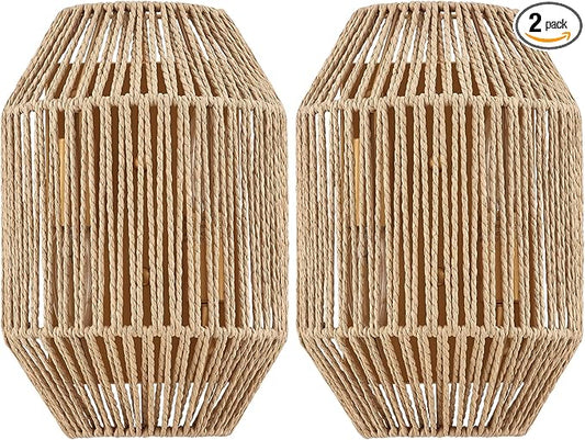 Natural Rattan Wall Sconce Set of 2, with Boho Woven Wicker Shade Antique Brass Brush Paint Finish for Vanity Stairway Fireplace Living Room Bedside Passway Hallway