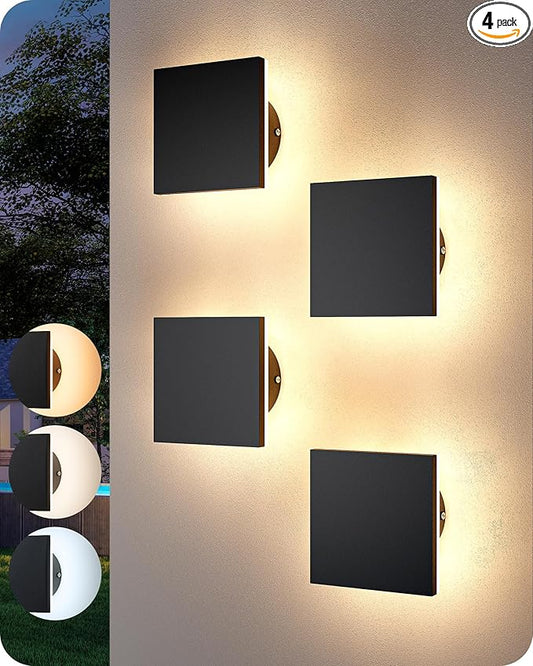 EDISHINE 4 Pack LED Outdoor Wall Lights, 3000K-5000K Dimmable Exterior Lighting Fixtures, IP65 Waterproof Aluminum Modern Wall Sconce, Small Square Outside Porch Light for Indoor Door Garage, Black