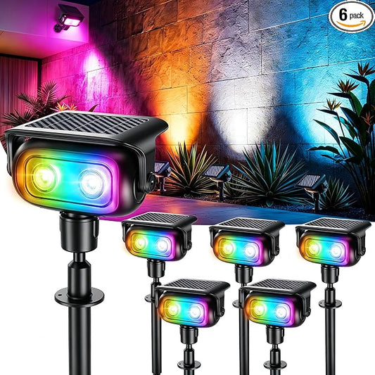 Brizled 6 Pack RGB Solar Spot Lights Outdoor, 360° Rotation 9 Colors & 11 Modes Color Changing Spotlights IP65 Waterproof Landscape Lights Solar Spot Landscaping Pathway Lighting for Path Garden Yard