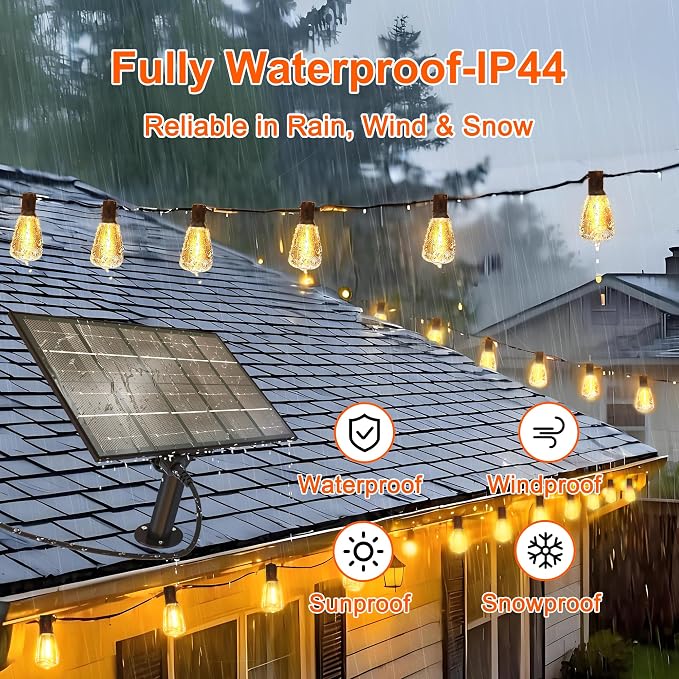 BLIATLUS 55FT Solar String Lights Outdoor Waterproof with Remote Control Solar Patio Lights 24+2 shatterproof LED ST38 Bulbs for Porch Garden Market Bistro Patio Backyard Fence