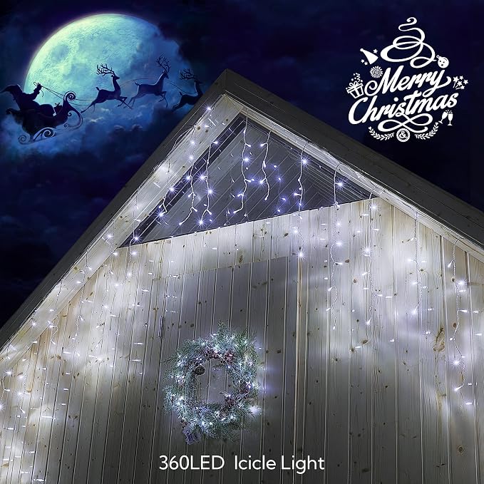 Hopolon 33FT 360 LED White Christmas Icicle Lights,Waterproof Plug in | Outdoor icicle curtain lights with 60 drops, 8 modes, for Christmas, wedding, party, bedroom, garden, wall decor