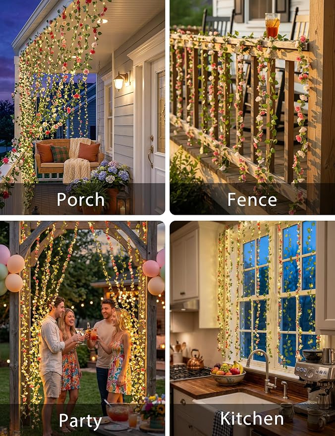 suddus 300 LED Artificial Flower Garland Pothos Vines Curtain Lights, Rose Vines Fairy Lights for Bedroom, Hanging String Lights for Wall, Room, Dorm, Wedding, Party, Indoor Decor 6.8ft x 6.5ft