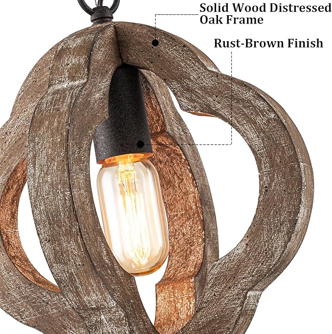 9.84" Modern Farmhouse Wood Pendant Lights Kitchen Island Small Orb Distressed Oak Pendant Light Rustic Ceiling Hanging Light for Kitchen Over Sink Hallway Entryway Foyer Adjustable Chain E26