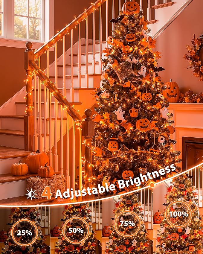 Halloween String Lights Indoor Outdoor,33FT 100 LED Orange Thanksgiving Twinkle Lights,13 Modes Fairy Lights Plug in,Connectable IP65 Waterproof for Xmas Tent Patio Tree Party Decor(Orange)