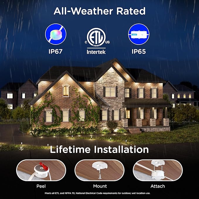 Enbrighten Vibe Eternity Accent Permanent Outdoor Lights for House, 100ft, 24 RGBWIC LEDs, Wide Spacing, 94lm, Tunable White, Everyday Eave Lighting, Smart App, Works with Alexa, Google Home, 85713