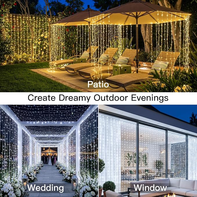 suddus Curtain Lights Outdoor, 450 LED Curtain Lights for Bedroom, Window, Wall, Wedding, Party,Warm White & White