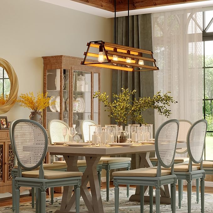 Inlight 34" Wide Farmhouse 4-Light Kitchen Island Pendant Light, Textured Black and Faux Painted Wood Finish, Rustic and Industrial Design Linear Chandelier for Dining Room, IN-0335-4-WD