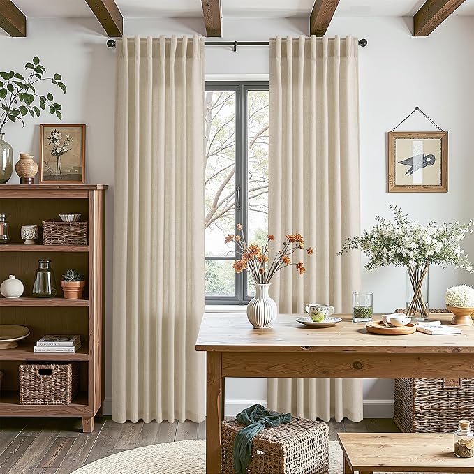Nanspring Eggshell Beige Curtains 90 Inches Long for Living Room Linen Light Filtering Semi Sheer Curtain Back Tab Rod Pocket Rustic Decor Neutral Elegant Drapes for Bedroom 52x90, 2 Panels
