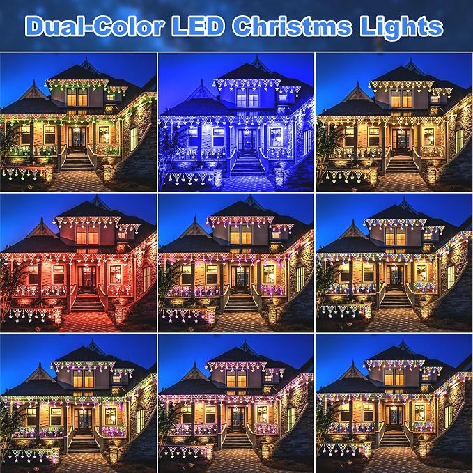 (New) Christmas Curtain Lights, RGB Remote Control Christmas Lights, 218 LED 13.8FT Outdoor String Lights with 12 Star Drops 8 Modes Waterproof for New Year, Eaves, Fence, Balcony, Railing Decor