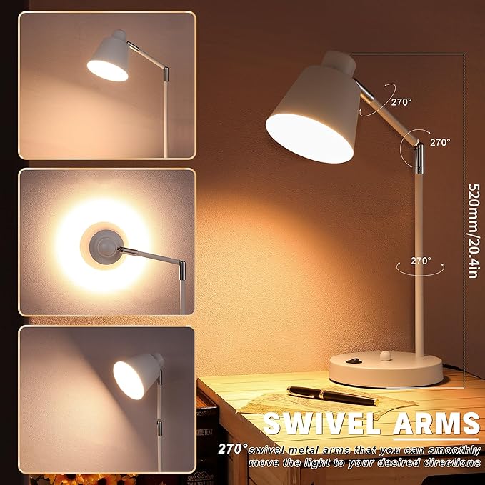 Anxingtools LED Desk Lamp with Dual USB Charging Ports, 100% Metal, 270° Swivel Arms, Soft White Light (3000K), Bedside Reading Lamp, Home Office Lamp(White)