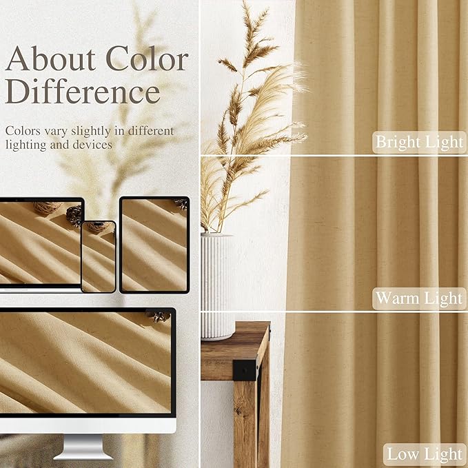Gold Yellow Linen Curtains 108 Inches Long for Living Room 2 Panels Set Extra Long Back Tab Curtain Semi Sheer Light Filtering Gold Yellow Drapes Floor to Ceiling Curtains for Large Windows 52x108