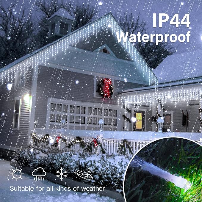 Hopolon 33FT 360 LED White Christmas Icicle Lights,Waterproof Plug in | Outdoor icicle curtain lights with 60 drops, 8 modes, for Christmas, wedding, party, bedroom, garden, wall decor