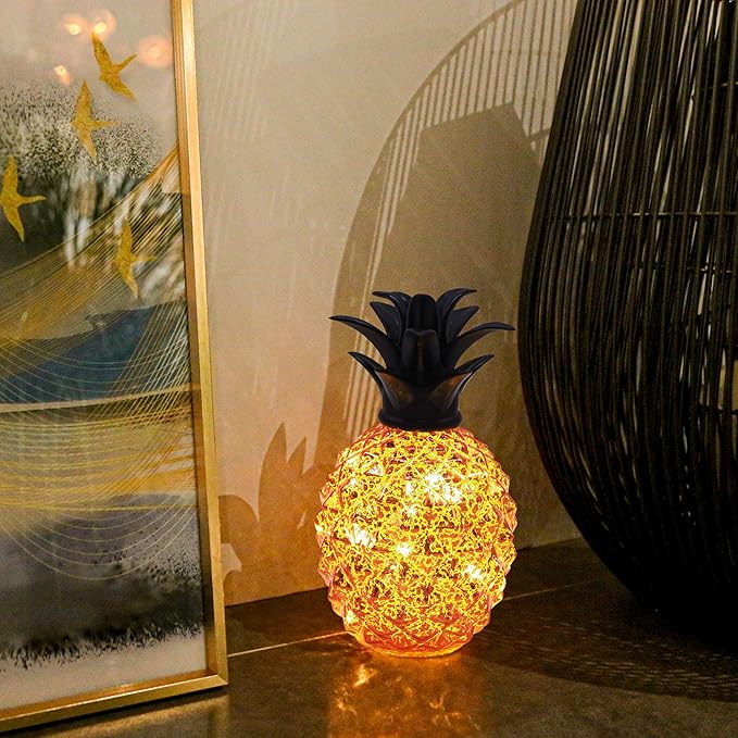Romingo Mercury Glass Pineapple Lamp 9 Inch Batteries Operated Night Light with Timer for Living Bed Room, Women's Gift for Wife Girl Friend, Orange
