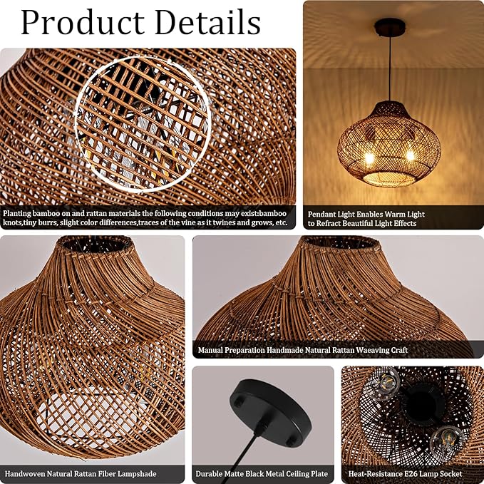 2-Light Dark Brown Rattan Pendant Light,14.96" Round Rustic Hanging Light,Curry Wicker Pendant Light Hand-Woven Rattan Chandelier for Workplace Dining Living Bedroom Kitchen Farmhouse
