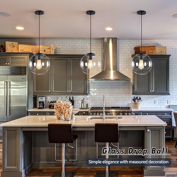 KoKo&Yukina 10" Globe Pendant Light Black Mid Century Pendant Light Mid Century Adjustable Hanging Light Fixture Matte Black Finished with Clear Glass Lampshade for Dining Room Bedroom Kitchen Island