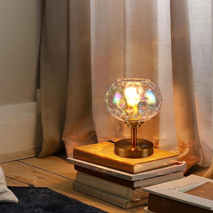 Touch Control Hammered Glass Table Lamp Brass Gold Portable Dimmable Brightness Small Nightstand Light 3-Way Stepless Dimming Bedside Bedroom Living Room (Stained Glass & Gold)