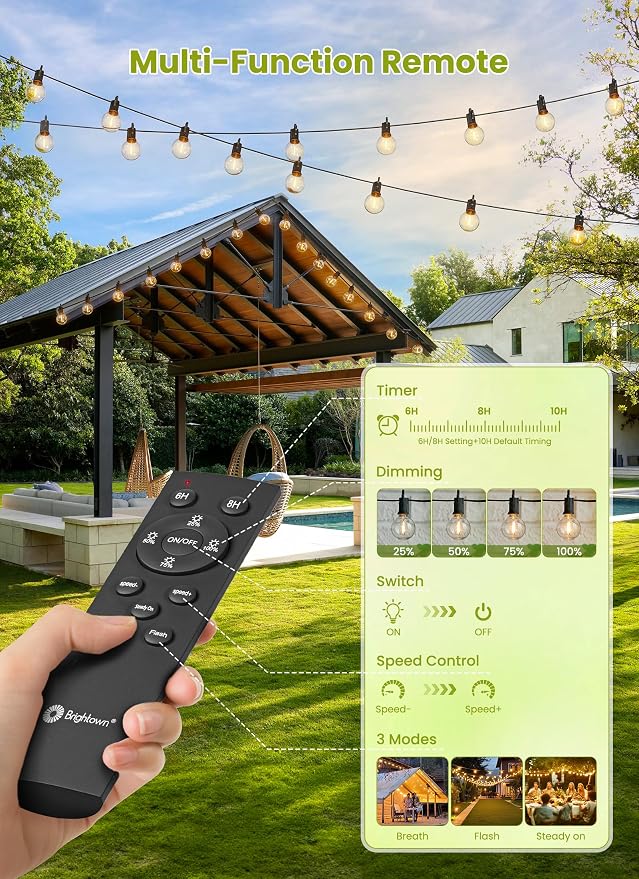 Brightown Solar String Lights Outdoor Waterproof with Remote, 106FT Solar Patio Lights with 33 LED Shatterproof Bulbs, 3 Light Modes, Dimmable & Timer, Solar Hanging Lights for Backyard Party Decor