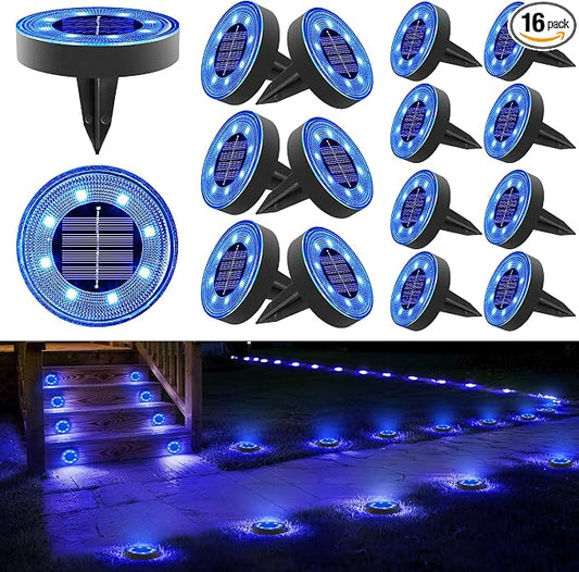 Joomer 2-in-1 Solar Lights Outdoor Waterproof, 16 Pack 8 LED, Blue | Solar Powered Garden Lights Ground Disc Landscape Lighting for Patio Pathway Lawn Yard Driveway Walkway Deck Step