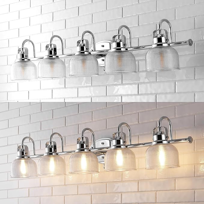 JONATHAN Y 42.75" Chrome Modern Bathroom Vanity Light, 5-Light LED Wall Sconce, Clear Glass Bell Shade for Mirror Hallway Kitchen, ETL Listed, LED Bulb Included (JYL7903A)