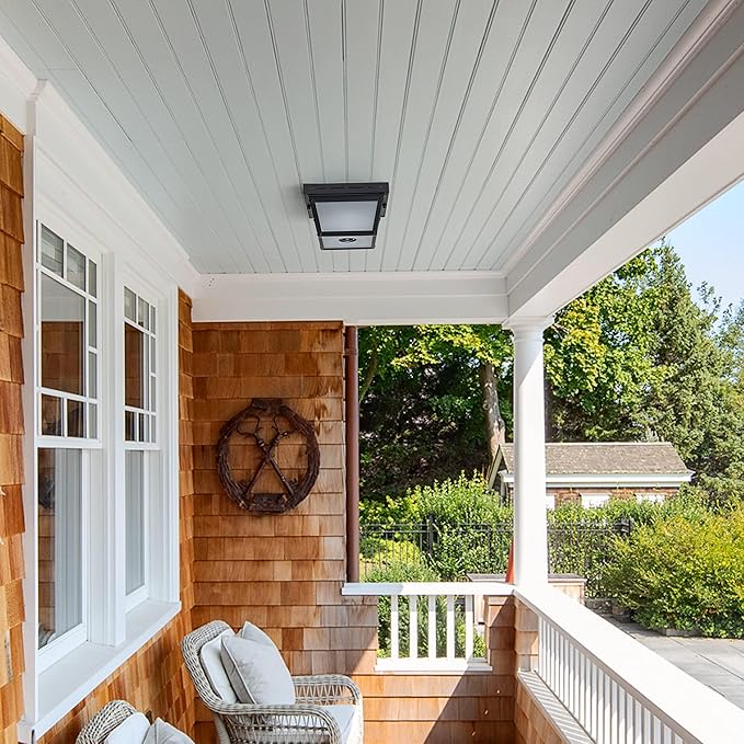 c cattleya 2-Light Motion Sensor Ceiling Light Fixture Outdoor Flush Mount Light Porch Lights Ceiling Mount Black with Textured Glass for Front Porch Deck Covered Patio Hallway
