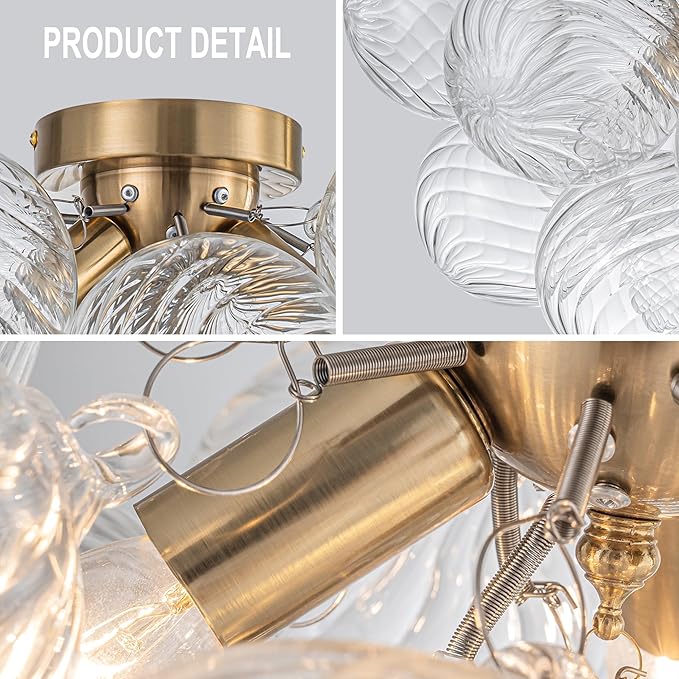 GoYeel Semi Flush Chandelier Gold, Modern Light Fixtures Ceiling Mount Lighting Pendant 3 Light Dining Chandeliers Over Table Glass 18.5" 13 Clear Swirled Globe for Foyer Bedroom Kitchen
