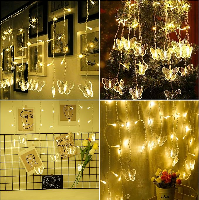 Curtain Butterfly String Light 20Ft 120LED Window USB Fairy Lights 24 Butterfly 8 Modes with Remote Control for Room Bedroom Patio Party Wedding Holiday Christmas Decoration (Warm White)