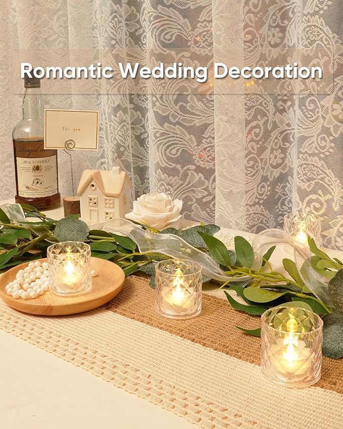 Homemory 2" x 2" Acrylic Votive Candle Holders with Auto Timer Flameless Led Tealight, Battery Powered Fake Electric Candles for Wedding Centerpiece, Table, Christmas Decor (12Pack, Clear Base)