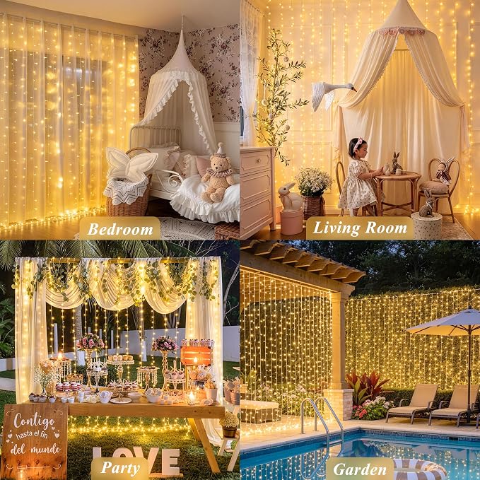 JMEXSUSS Curtain Lights 200 LED with 8 Modes | Remote Curtain Fairy Lights, USB String Lights, for Bedroom, for Classroom, for Wedding, 8 Modes, 6.5ftx6.5ft, Warm White