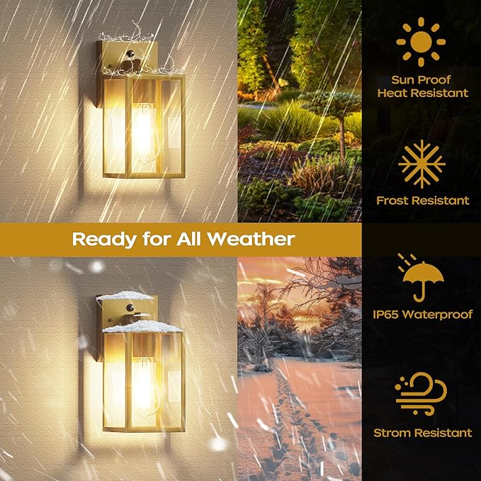 WIHTU Gold Dusk to Dawn Porch Lights, Exterior Lighting Fixtures for House, Waterproof Outdoor Wall Lights Wall Sconce Lamp, Anti Rust Coach Lights for Doorway, Garage