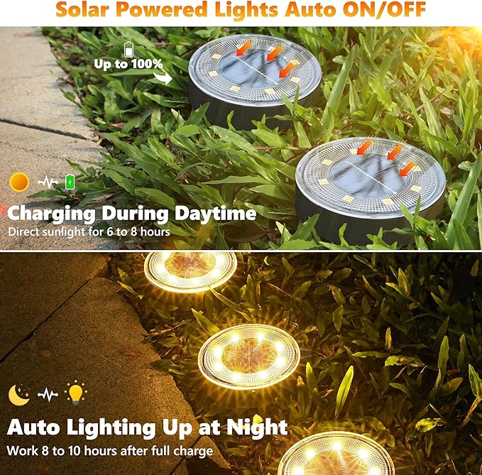 Joomer 2-in-1 Solar Lights Outdoor Waterproof, 8 Pack 8 LED, Warm White | Solar Powered Garden Lights Ground Disc Landscape Lighting for Patio Pathway Lawn Yard Driveway Walkway Deck Step