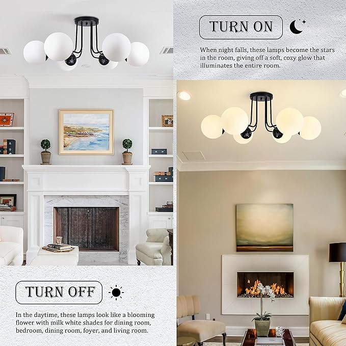 KoKo&Yukina 6-Light Modern Semi Flush Mount Ceiling Light Fixture Mid Century Ceilings Lights Globe Ceiling with Milk Glass Shade Matte Black Finish for Bedroom Hallway Dining Room Living Room