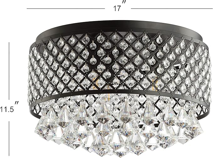 JONATHAN Y 17" Black LED Flush Mount Ceiling Light, 3-Light Modern Glam Chandelier for Bedroom Living Room Hallway, Dimmable Metal Trellis with Clear Crystal Drops JYL6143A