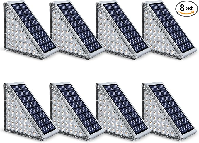NIORSUN Outdoor Step Lights, Upgraded 28 LEDs 2 Brightness Modes, IP67 Waterproof Solar Stair Lights for Outside Steps, 1200mAh Battery Long Runtime Warm White for Patio Deck Yard Porch, 8 Pack
