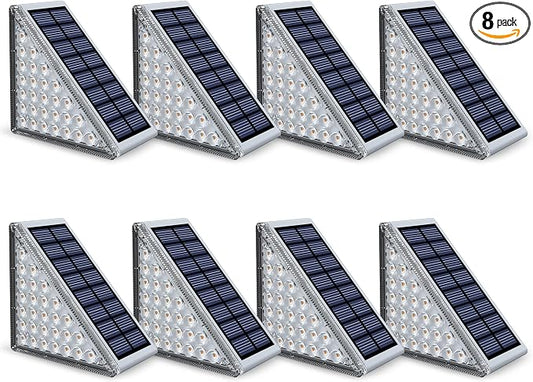 NIORSUN Outdoor Step Lights, Upgraded 28 LEDs 2 Brightness Modes, IP67 Waterproof Solar Stair Lights for Outside Steps, 1200mAh Battery Long Runtime Warm White for Patio Deck Yard Porch, 8 Pack