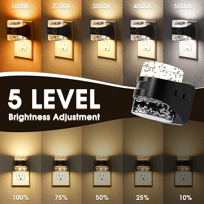 Briignite LED Night Light Plug into Wall Dimmable Night Light with Bubble Design 5 Color Temperature & Brightness Levels Dusk to Dawn Sensor Nightlights for Nursery, Hallway, Bathroom, Rooms, 5CCT