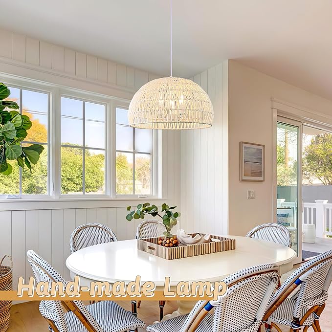 17.6 inch Cream Woven Pendant Light Wicker Pendant Lights 3-light Rattan Light Fixture Boho Chandelier Farmhouse Chandelier Dome Pendant Light for Dining Room Living Room Bedroom(Bulb Incl